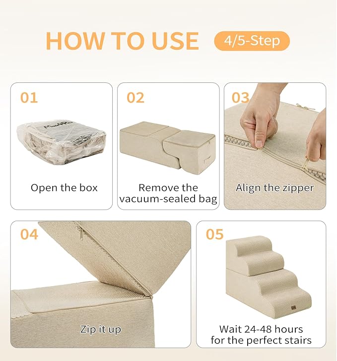 Made4Pets Dog Stairs Ramp for Bed 19.7" H, 4-Step Dog Steps for High Bed Couch Sofa Climbing, 35D Foam Pet Steps for Small Dogs and Cats, Non-Slip Bottom Pet Stairs, Beige