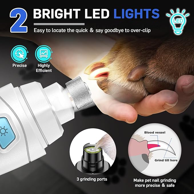 Dog Nail Grinder & Clipper 2-in-1 Set - 25dB Ultra Quiet with 3 Grinding Wheels & 2 LED Lights, Rechargeable for Large/Puppy Dogs & Cats, 3-Speed Adjustable for Anxious Pets