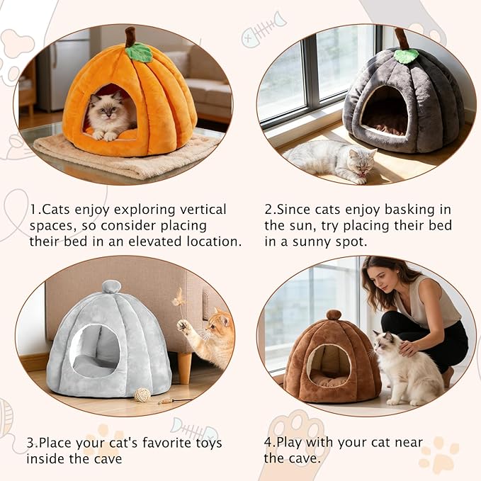 Cat Bed for Indoor Cats - Adorable Cozy Pumpkin Cat Cave with Removable Cushion, Super Soft Pet House Tent for Kittens & Small Pets, Warm & Washable Non-Slip Design(S 15 inch, Light Gray)