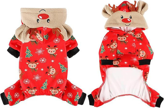 DaFuEn Dog Christmas Pajamas Reindeer Costume Puppy Hoodie Sweatshirts Xmas Cute Elk Pet Clothes for Small Dogs New Year Holiday Winter Warm Cats Jumpsuit Outfits Apparel (Small, Red)