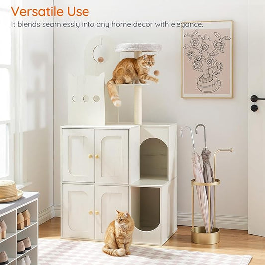 HOOBRO Cat Tree with Litter Box Enclosure, Hidden Double Cat Litter Box Enclosure Furniture, Modern Cat Tower with 2 Dangling Balls and 2 Sisal Scratching Posts for 2 Cats, Creamy White WH27MZ03US