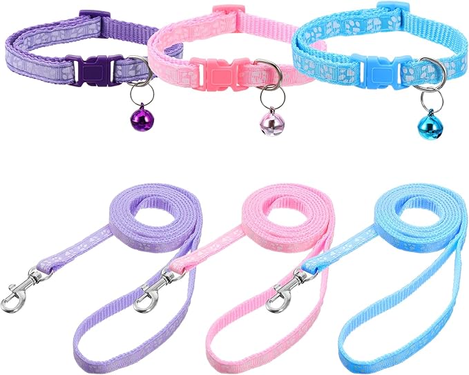 3pcs Puppy Collar and Leash Set with Bell, Adjustable Collar and Leash for Small Dogs, Paw Print Collars for Puppy Small Dogs & Tiny Kitten (Purple, Pink, Blue)