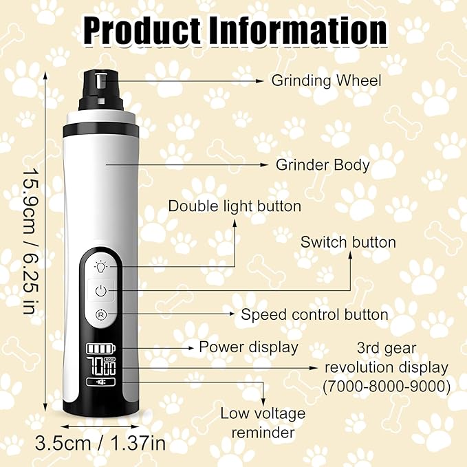 Upgrade Dog Cat Nail Grinder Cordless with LED Light & 3 Speeds, Dog Cat Nail Trimmer with 2000mAh Long-Lasting Battery for Thick Nails (1+1*Replacement Head)