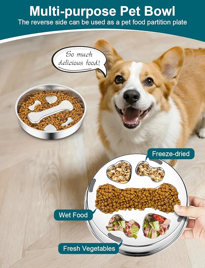 Slow Feeder Dog Bowls,8.2-inch Diameter Dog Slow Feeder Bowl,304 Stainless Steel Heavy Duty with Non-Slip Rubber Base,4Cups Capacity for Medium & Large Dogs to Slow Down Eating