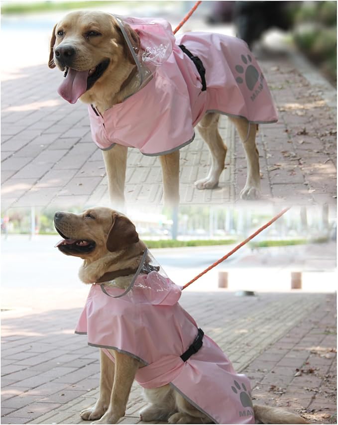 Waterproof Dog Raincoat, Reflective Adjustable Hooded Dog Rain Coat, Lightweight Breathable Pet Rain Jacket Poncho Double Layer with Leash Hole for Small Medium Large Dogs (Pink, Large)