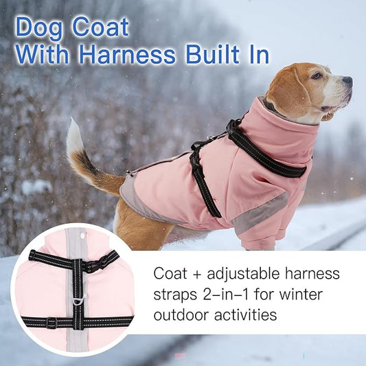 XX-Large Dog Winter Coat with Harness 2 in 1-for Outdoor Walking | Thick and Warm Lining for Cold Winter,Turtleneck Windproof Dog Snowsuit with Sleeves,Night Reflective Harness(Light Pink)