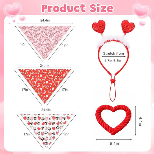 Sadnyy 9 Pcs Valentines Day Dog Costume Set Valentines Dog Outfits Including Pet Glitter Heart Headband Valentine Bandana Triangle Scarf and Heart Shaped Chew Toy for Small Medium Pet Holiday Party