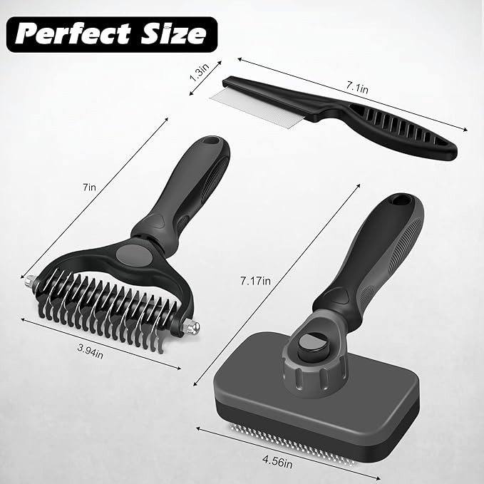 3PCS Self Cleaning Slicker Brush & Pet Grooming Rake & Flea Comb for Dogs,Cats and Horses | Double-Sided Dematting Comb & Skin Friendly Deshedding Grooming Tool | Premium Pet Supplies(Gray Black)