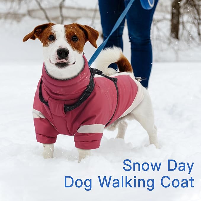 XX-Large Dog Winter Coat with Harness 2 in 1-for Walk The Dogs| Thick and Warm Lining for Cold Winter,Turtleneck Windproof Snowsuit with Sleeves,Night Reflective Harness(Pink)