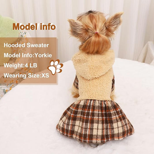 Dog Sweater Dresses for Small Dogs Girl, Winter Puppy Clothes Fleece Warm Puppy Hoodie, Pet Festival Outfits Apparel Clothing, Pet Outfits for Chihuahua Yorkie Skirt (XX-Small, Khaki)