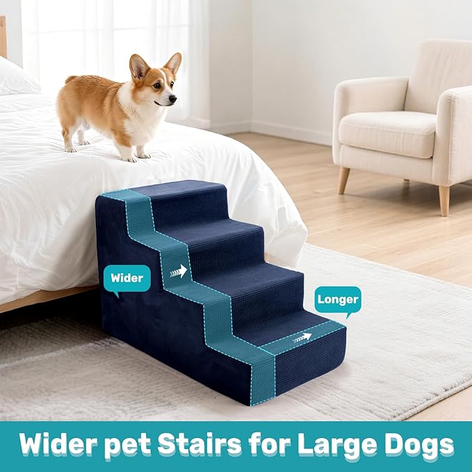 Dog Stairs for Bed, Extra Wide 4-Step Dog Steps for High Bed, High-Density Foam Pet Stairs with Non-Slip Removable Washable Cover for Small Pets, 18" H, Navy