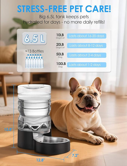 1.7 Gallon Automatic Dog Water Dispenser【Wide Mouth for Easy Hand-in Cleaning】【Removable Stainless Steel Bowl】, Gravity Refilling Large Capacity for Cats and Dogs, Multi-Pet Homes