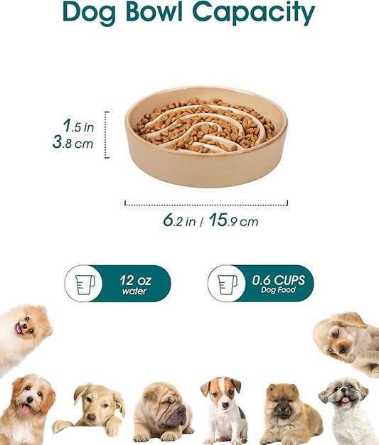 vancasso Slow Feeder Dog Bowl, 0.6 Cup Ceramic Slow Feeding Food Dish for Small Breed, Puzzle Dog Food Bowl for Fast Eater, Brown