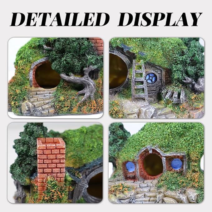 PTFJZ Hobbit Fish Tank Decorations Reptile House Hidden Hole Landscaping for Aquarium and Reptiles Decorations Mini Garden Decorating Two Sizes (S)