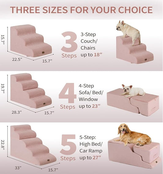 Made4Pets Dog Stairs Ramp for Small Dogs 15.7" H, 3-Step Dog Steps for Bed Couch Sofa and Chair, 35D Foam Pet Steps for Small Dogs and Cats, Non-Slip Bottom Pet Stairs, Pink