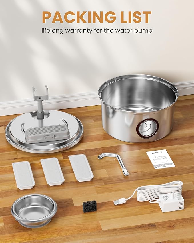 Cat Water Fountain Stainless Steel - 108oz/3.2L Ultra-Quiet Cat Fountain for Drinking with Removable Food Bowl, with 3 Filters Supplies for Cats, Small Dogs, Multiple Pets