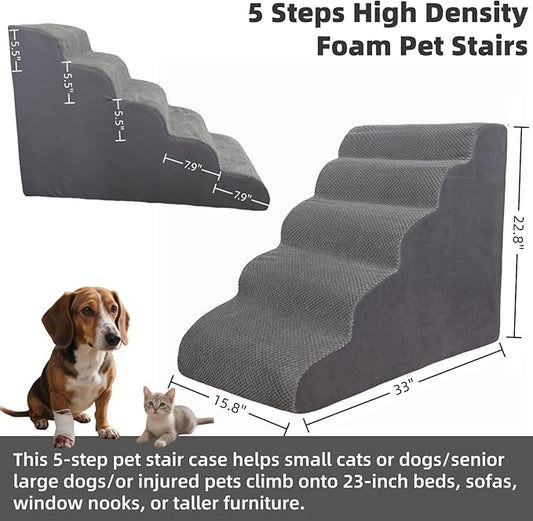 5 Step Pet Stairs Ramp for High Beds Sofas 23-30 Inch with Sturdy Non Slip Waterproof Pads, Machine Washable Cover Indoor Balanced Design for Cats Dogs Small Medium Large XL Pets Grey Large