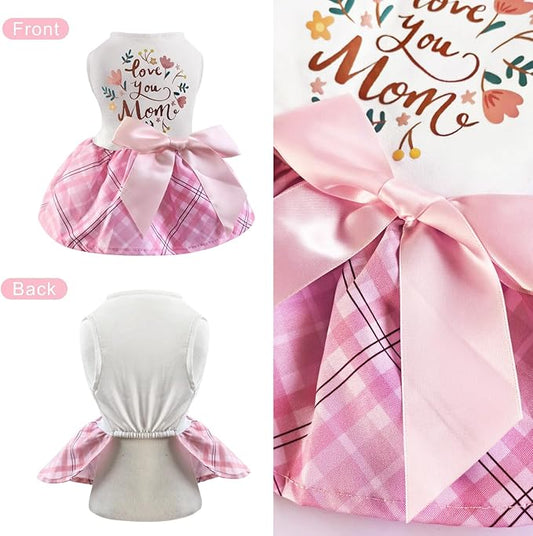 Idepet Dog Dress Love You Mom, Mother's Day Dog Dresses Puppy Skirt Pet Apparel Daisy Sleeveless Holiday Clothes for Small Dogs Girls and Cats, Pink Plaid,XL