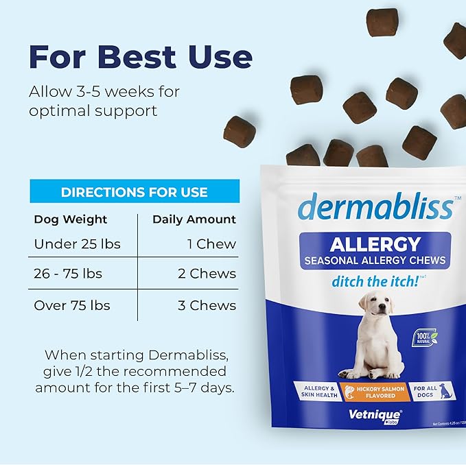 Vetnique Dermabliss Seasonal Dog Allergy Relief & Immune Support Supplement Allergy Chews for Dogs Itching and Licking with Omega 3 Fish Oil & Probiotics for Itch Relief (60 Count Chews)