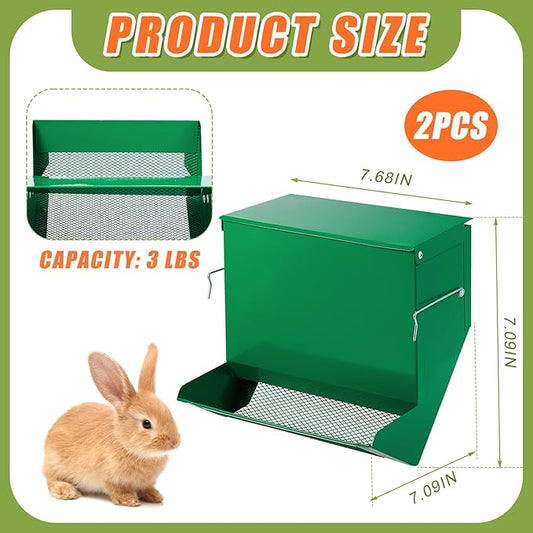 Maxcheck 2 Pcs Rabbit Feeder for Cages Small Animal Food Dispenser with Lid Metal Chicken Grit Oyster Shell Feeders Outside(7.7 Inches,Mesh Bottom,Green)