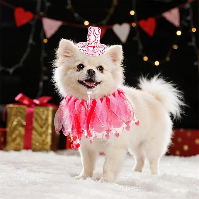 2Pcs Dog Valentines Outfit Costume Set, Dog Love Heart Hat and Collar Set for Small Medium Pets Dogs Cats Holiday Party Props