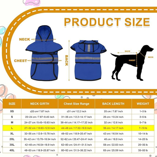 Dog Raincoat, Dog Rain Jacket Waterproof Jacket Reflective Adjustable Hooded Pet Rain Coat with Leash Hole, (Blue, L), Intended for Large Medium Small Puppies
