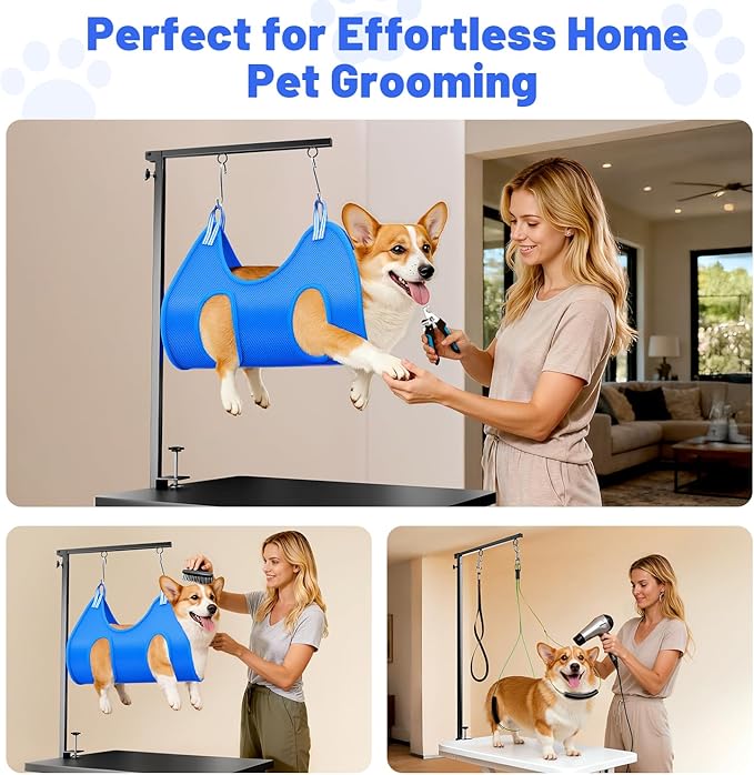 AUORC Dog Grooming Arm with Hammock, Adjustable 26"-38" Foldable Grooming Table Arm with Clamp & 2 No-Sit Holders, Heavy Duty for Small & Medium Dogs, Includes Nail Clippers (Table Not Included)