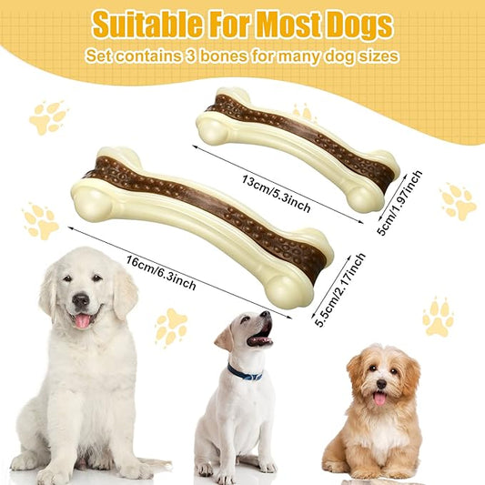 Sosation 3 Pack Chew Toys for Aggressive Chewers, Bone Toys Nylon Beef Flavor Dog Teething Toys for Large/Medium/Small Puppies Breeds(Large, Medium, Curved Bone)