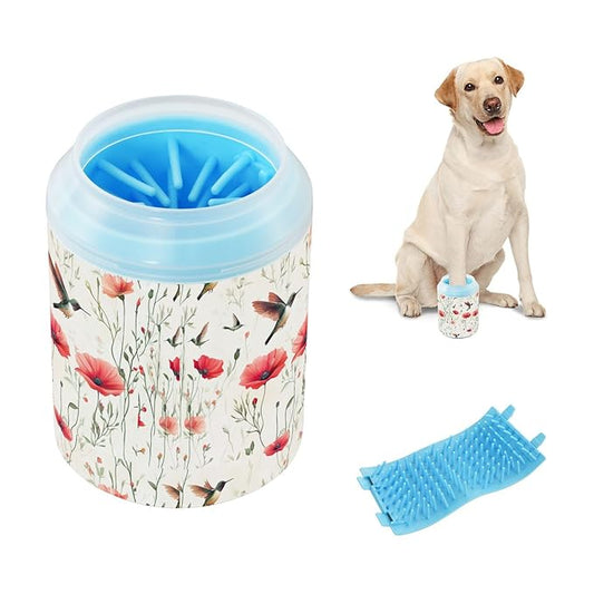 Dog Paw Cleaner Cups for Dogs Pets Foot Washer Paw Scrubber for Medium Small Cats Dogs Cleaning Cup Poppy Flowers and Hummingbirds Beige
