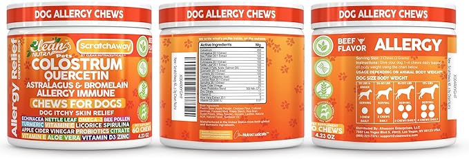 Dog Allergy Chews and Itchy Skin Relief for Dogs | Colostrum Quercetin Astragalus Bromelain | Immune Anti Itch Coat Supplement Aller Ichting Bites Treatment Paw Allergies + Echinacea Nettle Omega 3