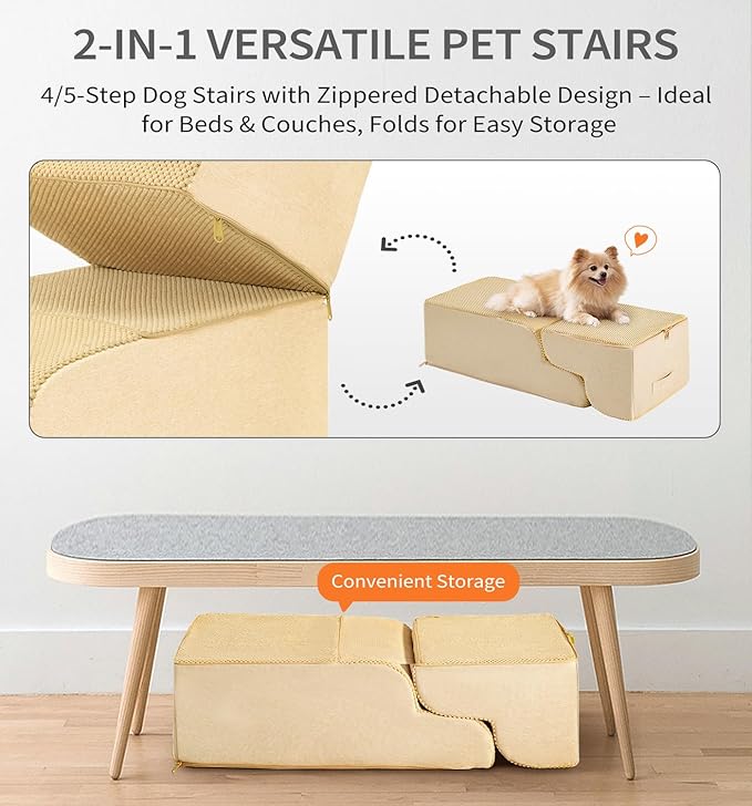 Made4Pets Dog Stairs Ramp for High Bed 22.8" H, 5-Step Pet Stairs for Bed Couch Sofa Climbing, 35D Foam Pet Steps for Small Dogs and Cats, Non-Slip Bottom Dog Steps, Tan