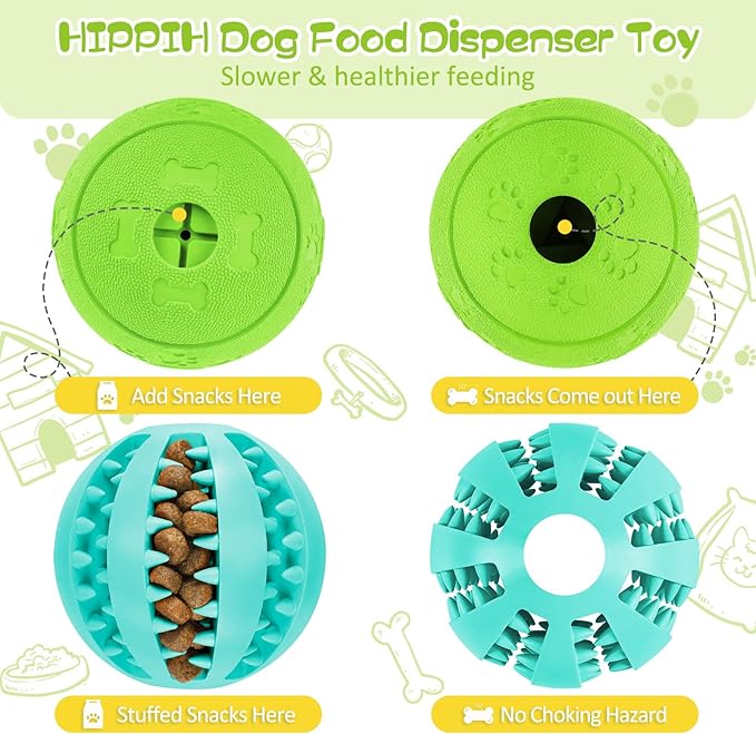 HIPPIH Dog Puzzle Toy 2 Pack, Interactive Dog Toys for Treat Dispensing, Durable Puppy Toys for Teething, Dog Treat Ball for Teeth/Slow Feeder/IQ Training/Playing, Blue-2.75‘’, Green-3.14‘’