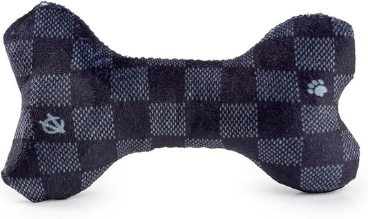 Haute Diggity Dog Black Checker Chewy Vuiton Bone, Plush Designer Dog Toys with Interactive Squeaker, Stimulating Pet Enrichment, Machine-Washable & Safe Materials for All Breeds, Size Small