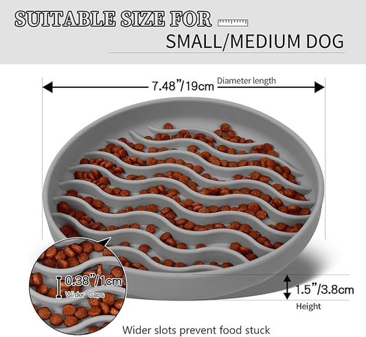 Slow Feeder Dog Bowls, Silicone Food Bowl Anti-Gulping, Pets Puppy Slow Feeder with Suction Cups, Dishwasher Microwave Safe for All Small Medium Dogs, Wave Design Grey
