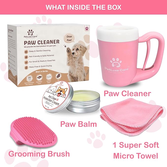 Dog Paw Cleaner Kit - Includes Paw Washer Cup, Towel, Pet Bath Brush & Moisturizing Balm - Dog Foot Washer for Muddy Paws, ideal for Small & Medium Dogs (Pink, Medium)