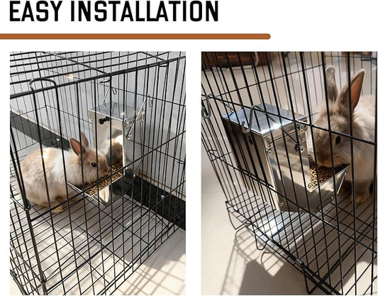 Small Animal Gravity Feeder 4 Pcs - Stainless Steel Pet Feeding Rabbits Feeder, Anti-Corrosion Durable with Sliding Lid for Indoor Outdoor Cage Use