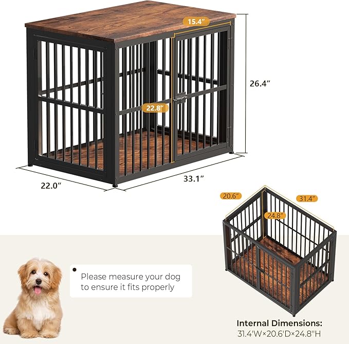 Lyromix 33'' Dog Crate Furniture with 3 Doors,Wooden Crate End Table Heavy Duty Indoor Puppy Cage for Small to Medium Dogs, Multiple Units Can be Combined, Rustic Brown