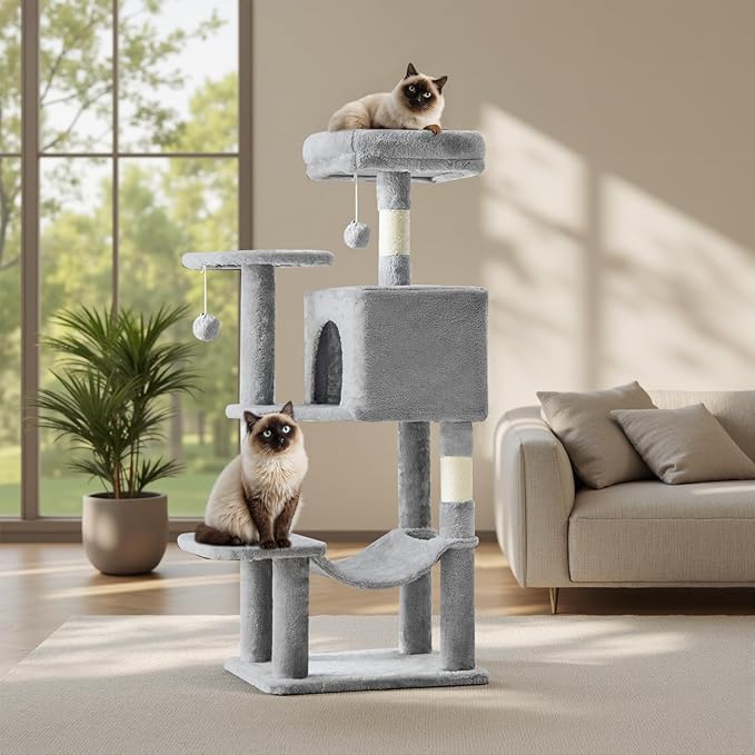 Sweetcrispy 44 inch Cat Tree Tower, Small Cat Climbing Tower with Condo, Natural Sisal Scratching Posts, Extended Platform, Hammock, Pet House for Indoor Cats and Kittens Play, Light Grey