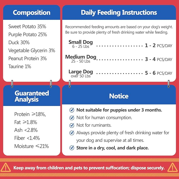 Dog Treats Duck Wrapped Yellow Purple Sweet Potato Chews for Dogs Jerky Dental Care Treats. High Protein Healthy Suitable for Small Medium and Large Dogs for Eating Training Rewards. 14.11 Oz
