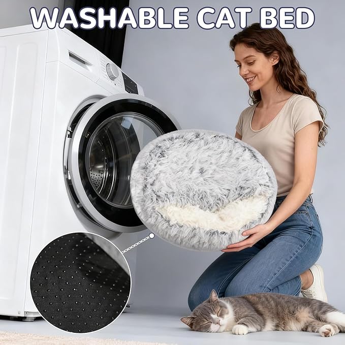 Nest Bed, Round Plush Hooded Cat Cave, Covered Cat Bed for Indoor, Warm Plush Cave Style Cats House with Hood, Anti-Slip, Cozy Winter Sherpa Lounger for Cats and Small Puppies