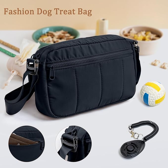 Fashion Dog Treat Pouch with Clicker Stylish Crossbody Dog Walking Bag, 3-in-1 Dog Training Treat Pouch with Removable Waterproof Liner, Treat Holder Waist Bag for Puppy Training & Daily Walks
