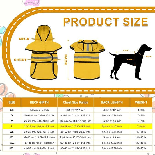 Dog Raincoat, Dog Rain Jacket Waterproof Jacket Reflective Adjustable Hooded Pet Rain Coat with Leash Hole, (Yellow, L), Intended for Large Medium Small Puppies