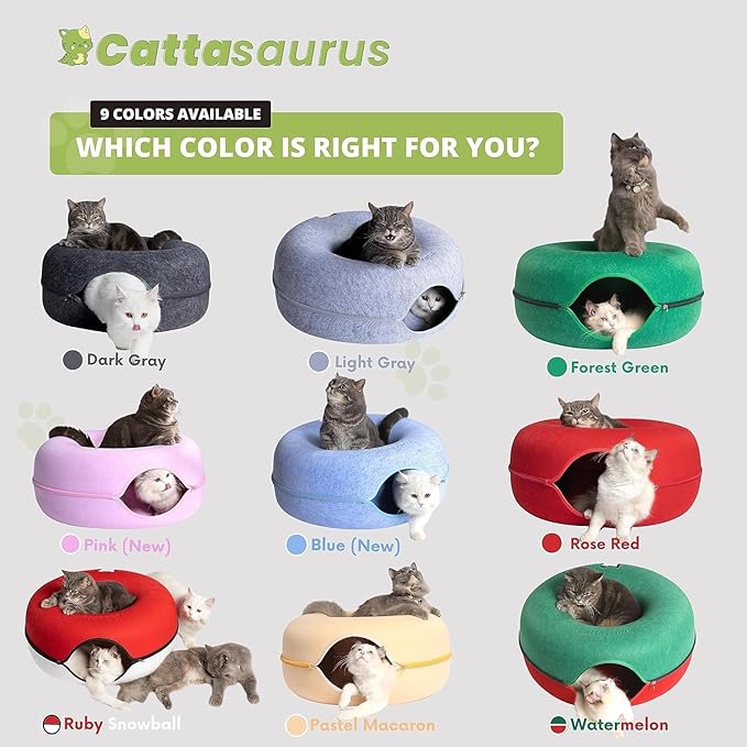 Cattasaurus Peekaboo Cat Cave Donut for Multiple & Large Cats up to 30-45 lbs, 3-in-1 Self Warming Cat Bed, Tunnel & Scratcher for Indoor Cats, Washable & Detachable Small Dog Bed (Blue, Large)