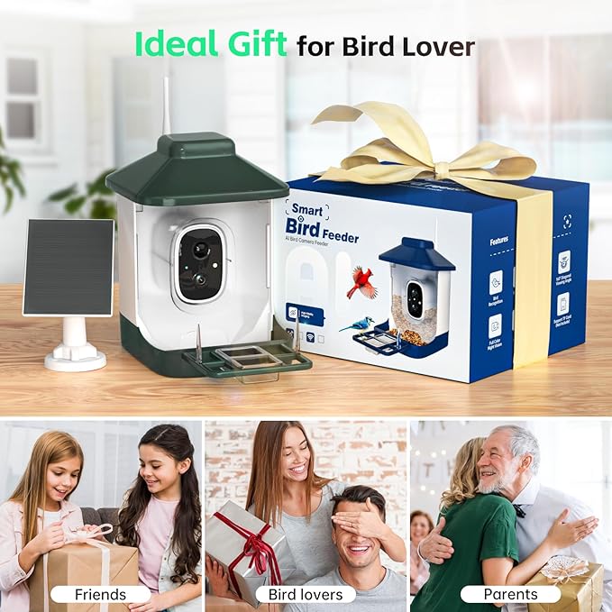 Smart Bird Feeder with Camera, AI Identify Bi rd Species Solar Powered,Full HD Live Video Bird Feeder Camera, 2.4Ghz WiFi,Nstant Arrival Alerts - Best Gifts for Bi rd Lover