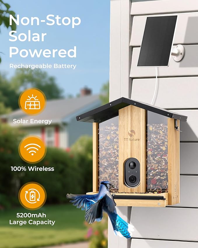 TT Nature Bird Feeder with Camera โ 3L Smart Bird Feeder with AI Recognition, Live Streaming, Cloud Storage, Real-Time Alerts, Birdwatching Gift for Nature Lovers (Bamboo)