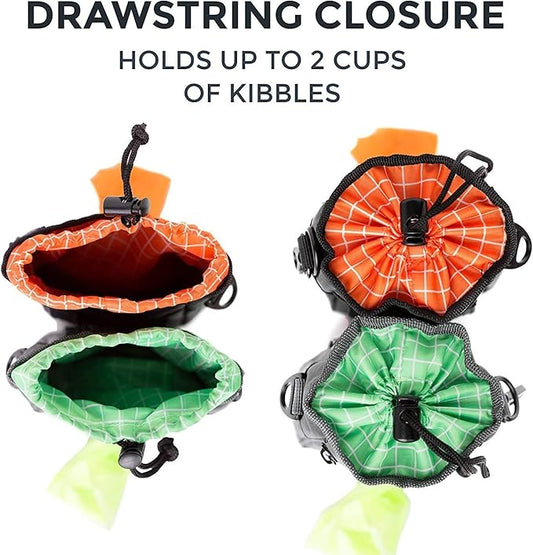 Mighty Paw Dog Treat Bag - Drawstring Closure Pouch - Includes Carabiner Hook and Pick-up Bags - With Reflective Belt - Dog Training Treats Pouch (Black)