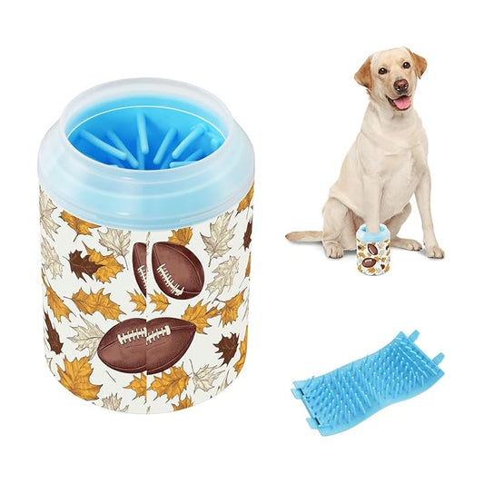 Dog Paw Cleaner Cups for Dogs Pets Foot Washer Paw Scrubber for Medium Small Cats Dogs Cleaning Cup Beige Fall Football Leaves