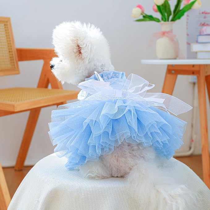 Fashion Sweet Puppy Dog Blingbling Princess Skirt Pet Dog Lace Cake Camisole Tutu Dress F-Blue S