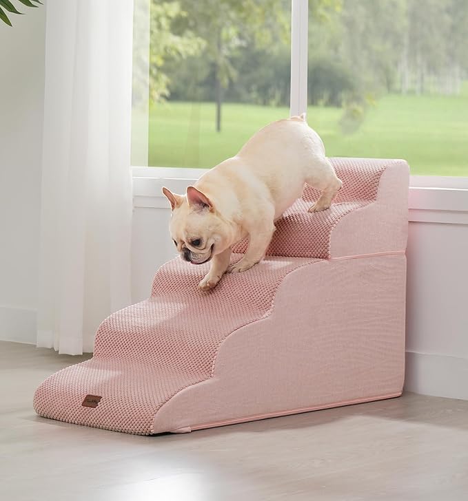 Made4Pets Dog Stairs Ramp for High Bed 22.8" H, 5-Step Pet Stairs for Bed Couch Sofa Climbing, 35D Foam Pet Steps for Small Dogs and Cats, Non-Slip Bottom Dog Steps, Pink