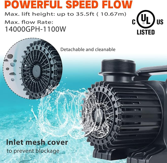 WaterRebirth (12000GPH, UL Listed) PS- High Flow Submersible Water Pond Pump - Water Fountain Aquarium UL listed (12000GPH-850W)